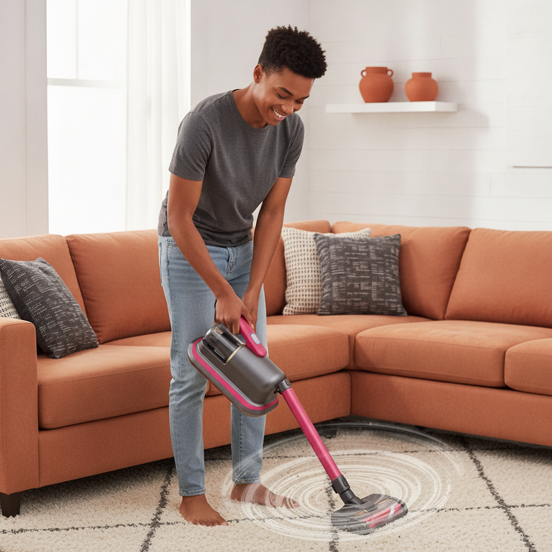 A person smiles while using the 10kPa handheld mattress vacuum cleaner on a sofa in a bright living room, showcasing deep cle