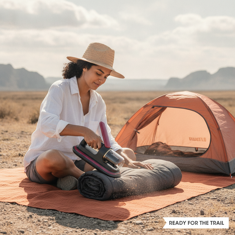 A person uses the 10kPa Handheld Mattress Vacuum Mite Remover Cordless Cleaner on a sleeping bag outdoors, with a tent nearby