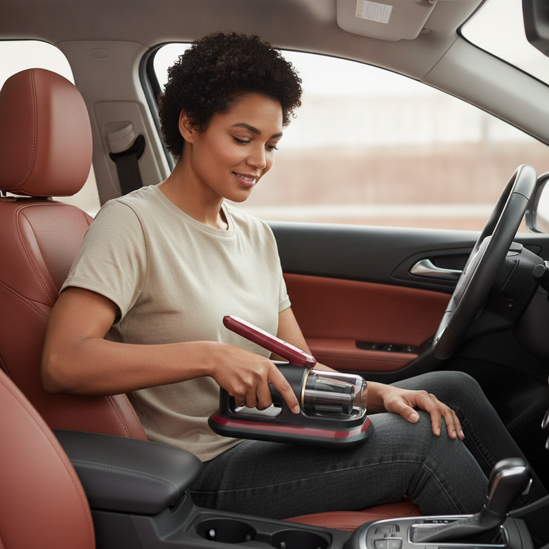 A person uses the cordless 10kPa handheld vacuum to clean car seats, highlighting its portability for vehicle maintenance.